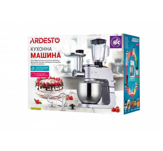 Кухонна машина ARDESTO 1500Вт, чаша-метал, корпус-метал, насадок-10, сріблясто-сірий