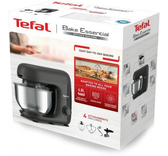 Кухонна машина Tefal Bake Essential 800Вт, чаша-метал, корпус-метал/пластик, насадок-4, чорний