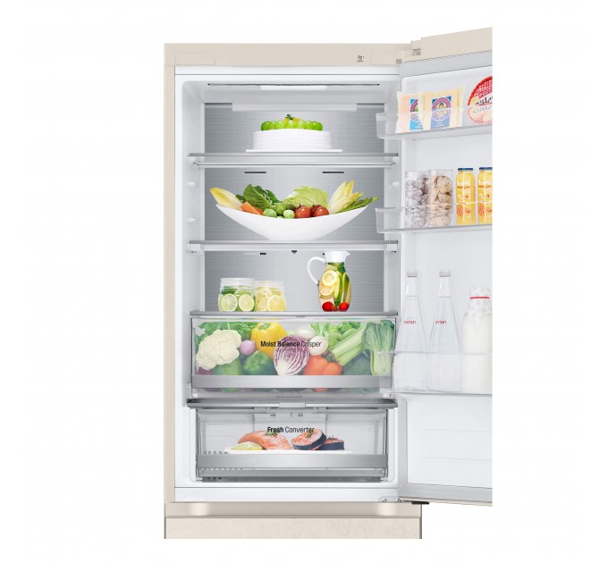 Холодильник LG з нижн. мороз., 186x60х68, холод.відд.-234л, мороз.відд.-110л, 2дв., E, NF, інв., диспл зовн., Fresh Сonverter, Metal Fresh, бежевий