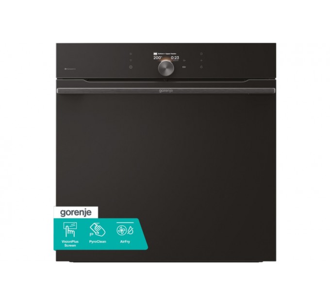 Духовой шкаф Gorenje электрический, 77л, A+,TouchFree, дисплей, мультисист, Wi-Fi упр, пиролиз, приготовл. на разн. уровнях, черный