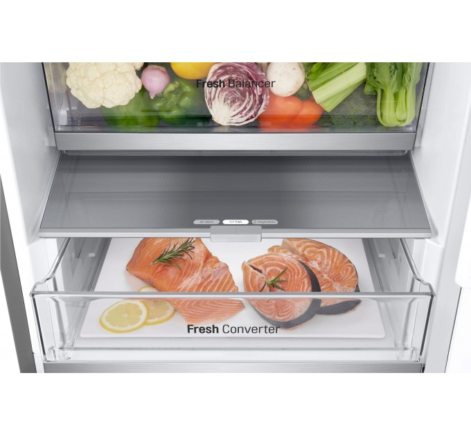 Холодильник LG с нижн. мороз., 203x60х68, холод.отд.-277л, мороз.отд.-107л, 2дв., А++, NF, инв., диспл внешн., Fresh Сonverter, Metal Fresh, серебристый