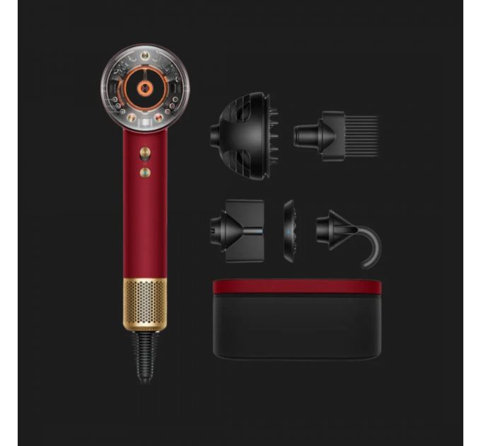 Фен Dyson HD16 Supersonic Nural Red Velvet/Gold, 1600Вт, 3 режими, іонізація, хол. обдув, кейс для зберігання, червоно-золотий