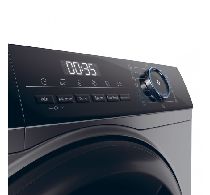 Стиральная машина Haier фронтальная, 9кг, 1400, A+++, 60см, дисплей, пар, инвертор, люк черный, прямой привод, серебристый