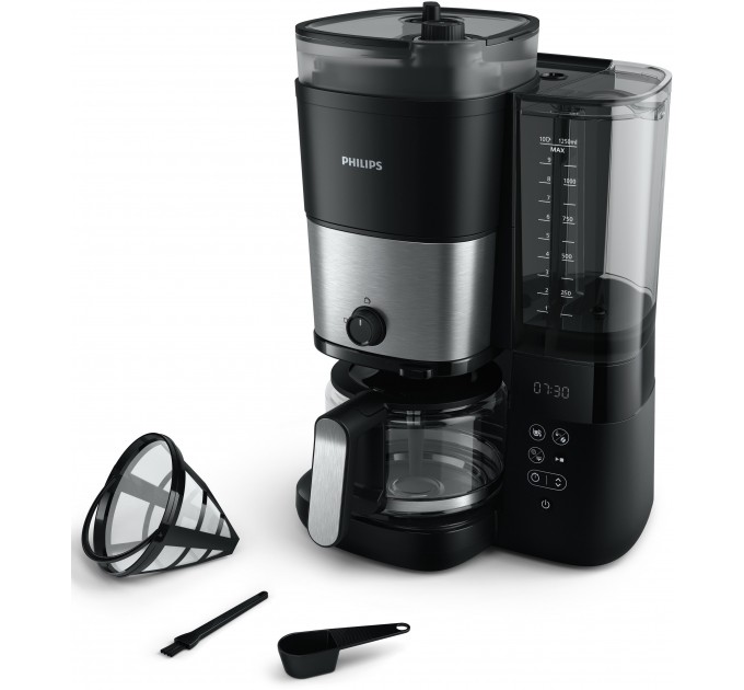 Кофеварка Philips капельная All-in-1 Brew 1.25л, зерно + молотый, дисплей, подогрев кофейника, кофемолка, черный