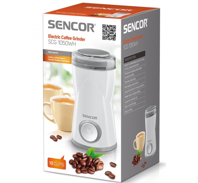 Кавомолка Sencor роторна 150Вт, об'єм зерен-50г, пластик, білий