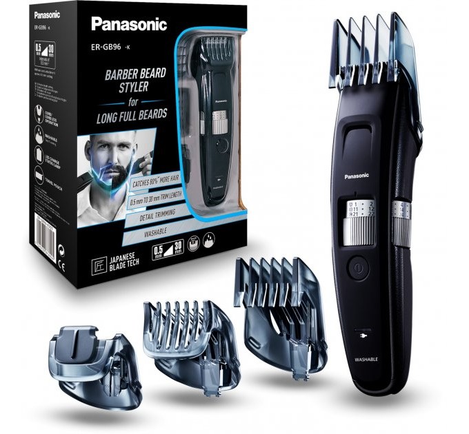 Триммер Panasonic для бороды и усов, сеть+акум., насадок-4, сталь, черный