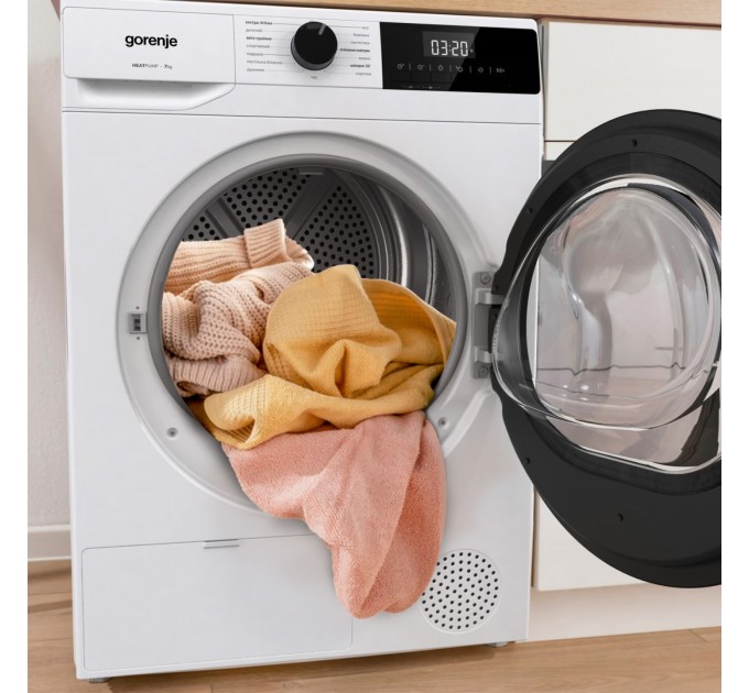 Сушильная машина Gorenje тепловой насос, 7кг, A+, 51см, дисплей, 15 программ, белый