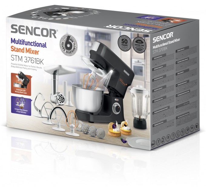 Кухонная машина Sencor 1000Вт, чаша-металл, корпус-пластик, насадок-15, черный