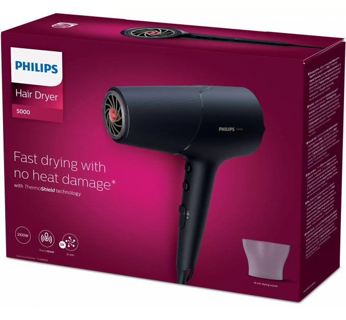 Фен Philips 5000 Series, 2100Вт, 3 режими, іонізація, хол. обдув, темно-сірий