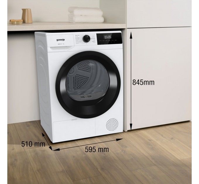 Сушильная машина Gorenje тепловой насос, 7кг, A+, 51см, дисплей, 15 программ, белый