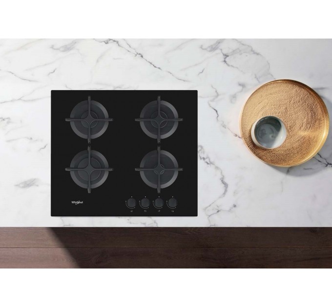 Варильна поверхня Whirlpool газова на склі, 60см, чавун, чорний