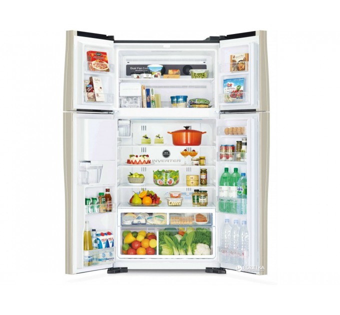 Холодильник Hitachi многодверный, 184x86х75, холод.отд.-396л, мороз.отд.-144л, 4дв., А+, NF, инв., зона нулевая, диспенсер, бежевый (стекло)