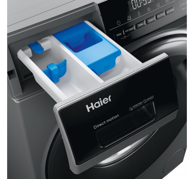 Стиральная машина Haier фронтальная, 9кг, 1400, A+++, 60см, дисплей, пар, инвертор, люк черный, прямой привод, серебристый