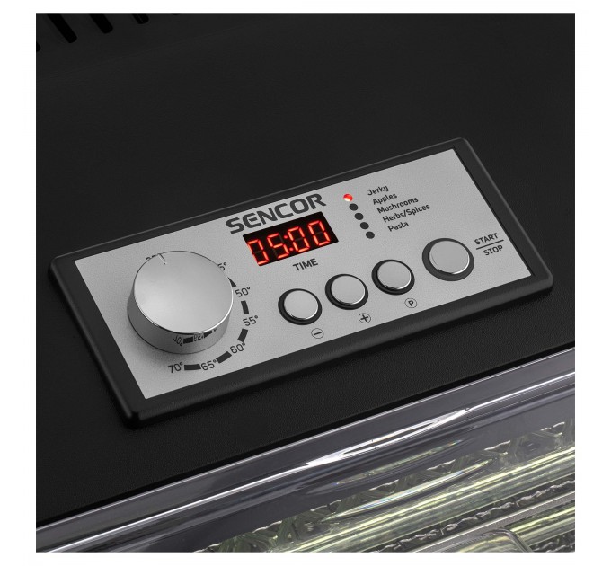 Сушка для продуктов Sencor, 500Вт, поддонов -6x2см, диаметр-33см, макс-70°С, сетка для ягод, металл, пластик, черный