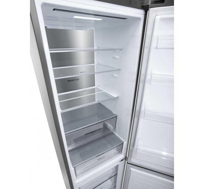 Холодильник LG з нижн. мороз., 203x60х68, холод.відд.-277л, мороз.відд.-107л, 2дв., E, NF, інв., диспл зовн., зона св-ті, Metal Fresh, сріблястий