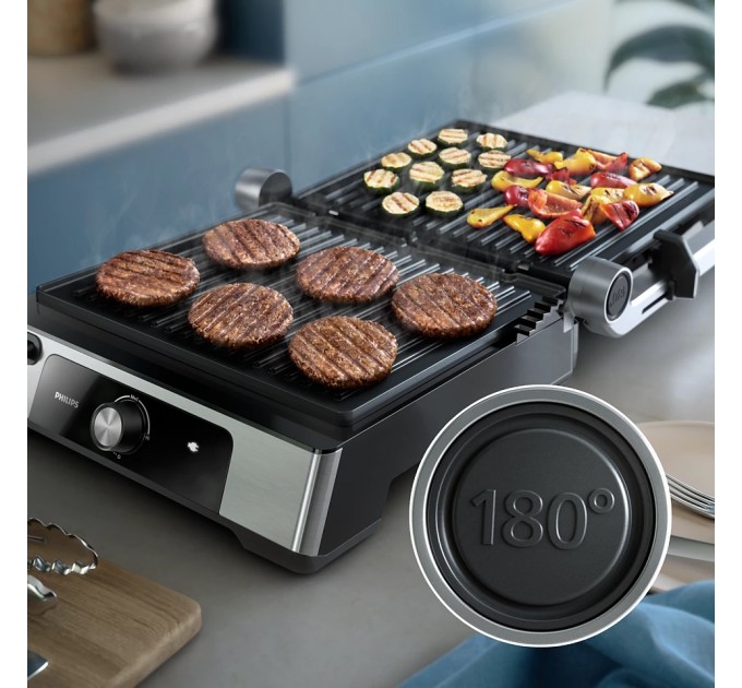 Гриль Philips прижимний Series 5000, 2200Вт, з`ємні пластини, розкриття на 180°, метал