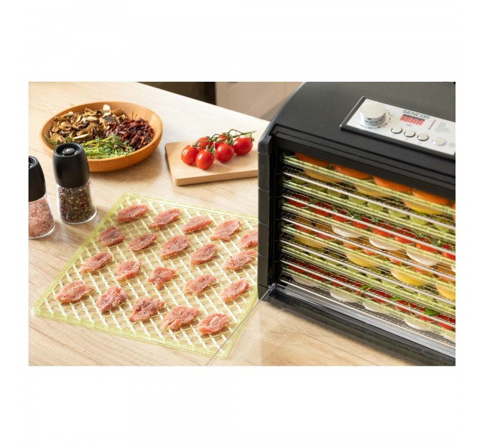 Сушка для продуктов Sencor, 500Вт, поддонов -6x2см, диаметр-33см, макс-70°С, сетка для ягод, металл, пластик, черный