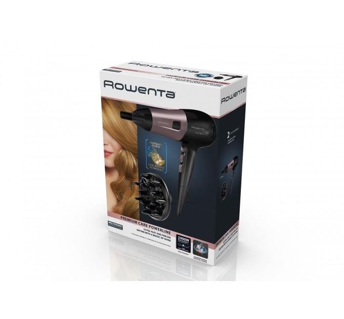 Фен Rowenta Powerline, 2400Вт, 3 режими, дифузор, іоніз-я, хол. обдув, чорно-рожевий