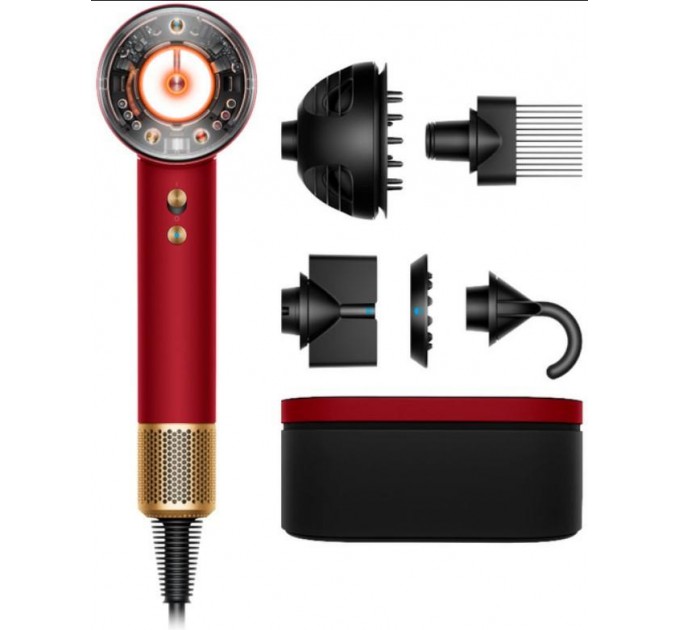 Фен Dyson HD16 Supersonic Nural Red Velvet/Gold, 1600Вт, 3 режими, іонізація, хол. обдув, кейс для зберігання, червоно-золотий