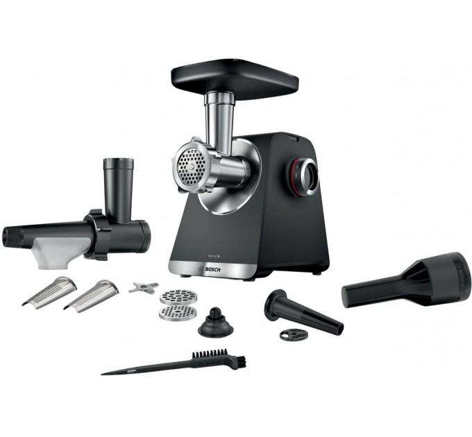 Мясорубка Bosch, 2100Вт, 3.5кг/мин, 2 решетки, насадка для колбас, кеббе, соковыжималка, пластик, черный