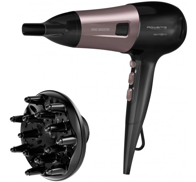 Фен Rowenta Powerline, 2400Вт, 3 режими, дифузор, іоніз-я, хол. обдув, чорно-рожевий
