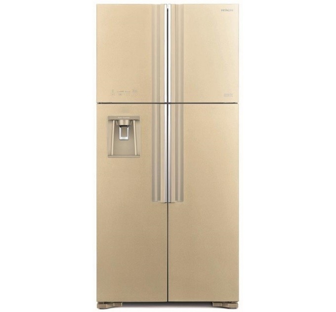 Холодильник Hitachi многодверный, 184x86х75, холод.отд.-396л, мороз.отд.-144л, 4дв., А+, NF, инв., зона нулевая, диспенсер, бежевый (стекло)