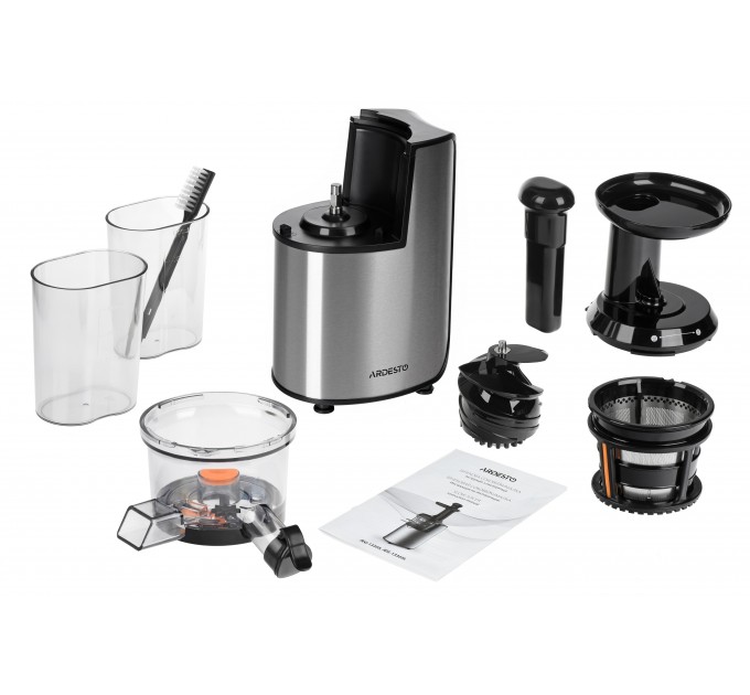 Соковитискач ARDESTO шнековий 200Вт, чаша-0.6л, жмих-0.6л, пластик/метал, сріблясто-чорний