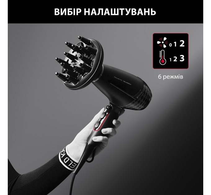 Фен Rowenta x Karl Lagerfeld K/Pro Stylist, 2200Вт, 3 режими, іоніз-я, дифузор, 2 концентратора, хол. обдув, чорний
