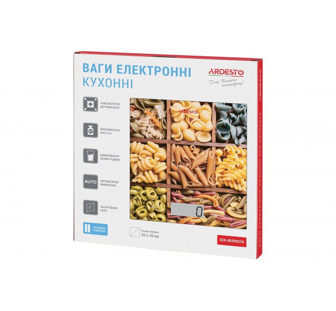 Весы ARDESTO кухонные Pasta, 5кг, AAAx2 в компл, стекло, многоцветный