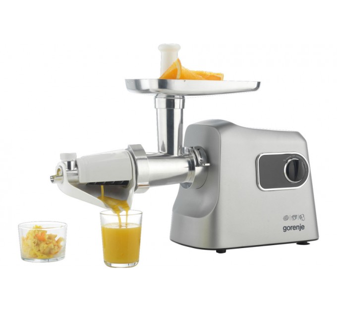 Мясорубка Gorenje, 2500Вт, 2.8кг/мин, 3 решетки, насадка для колбас, кеббе, шнековая соковыжим, 3 терки, пластик/металл, нерж
