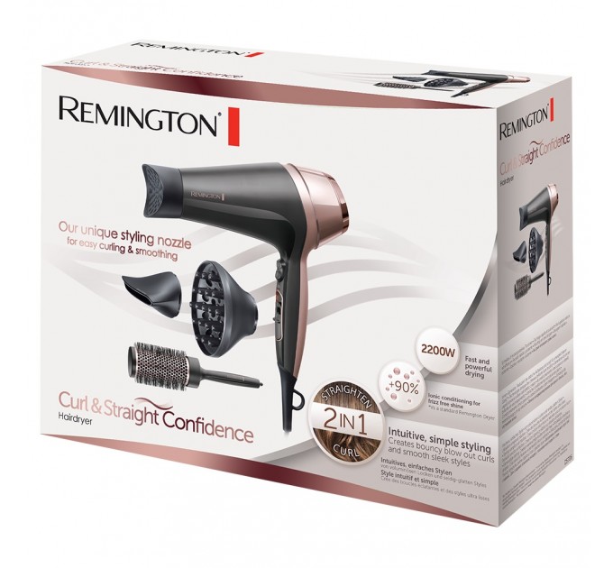 Фен Remington Curl&Straight Confidence, 2200Вт, режимов-3, дифузор,расческа,иониз-я, хол. обдув, черно-беж