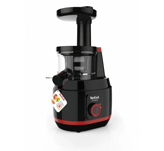 Соковыжималка Tefal Juiceo шнековая 150Вт, чаша-0.8л, жмых-0.8л, насадка для цитрусовых, пластик, черно-крассный