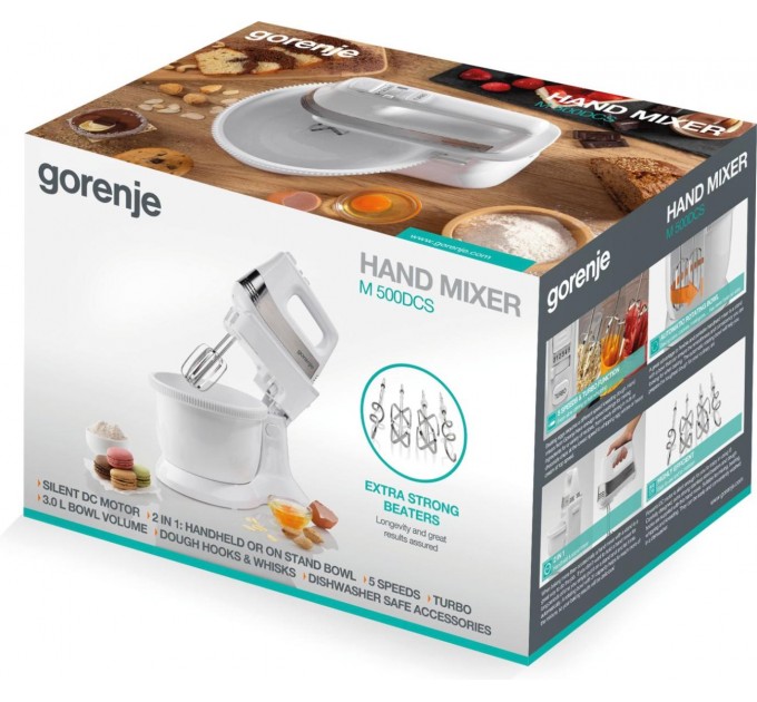 Міксер Gorenje стаціонарний 500Вт, насадки-4, чаша-пластик, 3л, білий