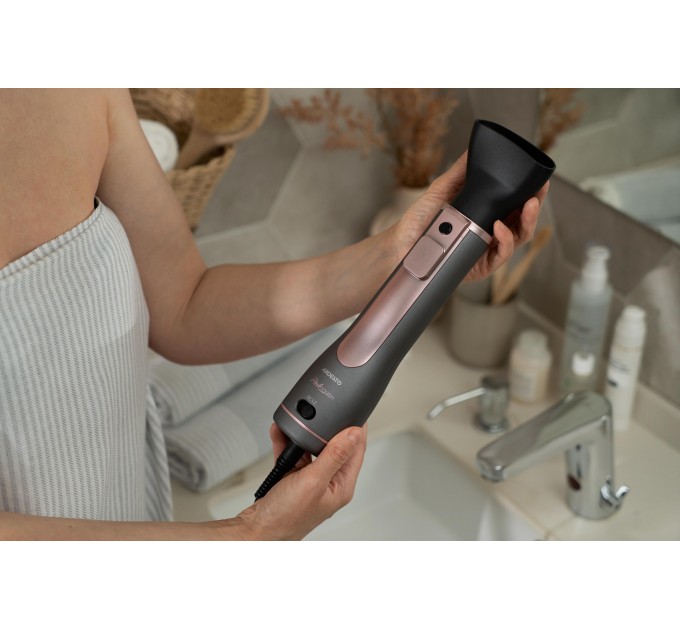 Фен-щітка ARDESTO Brush Pink Touch, 1200Вт, 2 швидкості, 2 темп. режими, LED-дисплей, функція іонізації , 4 насадки, сірий+ рожевий