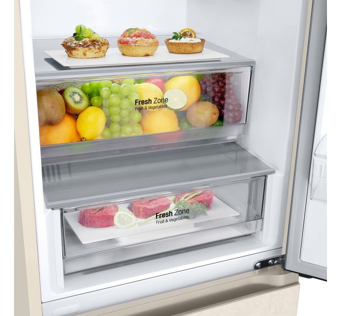 Холодильник LG с нижн. мороз., 203x60х68, холод.отд.-277л, мороз.отд.-110л, 2дв., E, NF, инв., диспл внешн., зона св-ти, бежевый