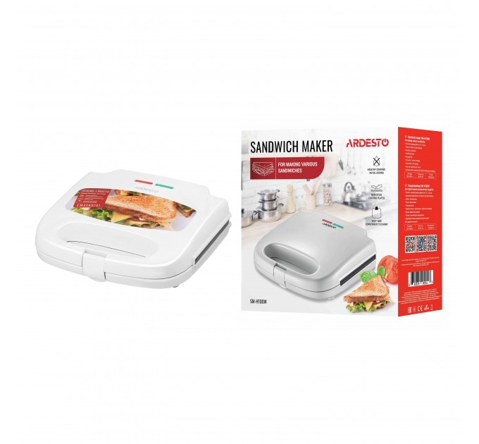 Сендвічмейкер ARDESTO 700Вт, 1 пластина-сендвіч, корпус-пластик, білий