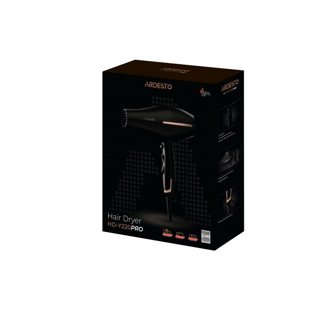 Фен Ardesto HD-Y220PRO, 1850-2200Вт, 2 швидкості, 3 темп.режими, дифузор,чорний+золото