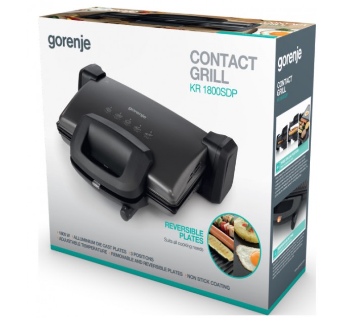 Гриль Gorenje прижимний 1800Вт, темп. режимів-4, з`ємні пластини, розкриття на 180°, метал, графіт
