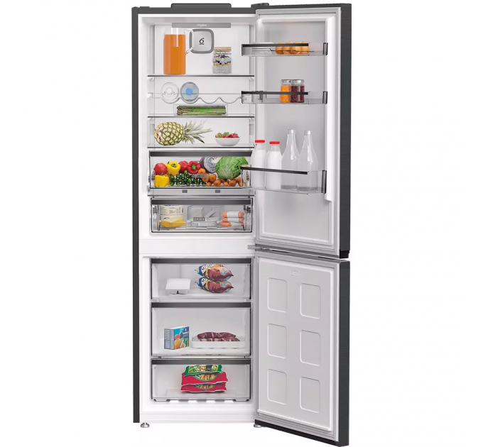 Холодильник Whirlpool з нижн. мороз., 186.5x60х66.3, холод.відд.-210л, мороз.відд.-104л, 2дв., А++, NF, дисплей, інв., зона нульова, сірий