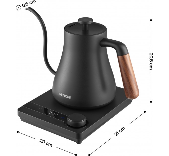 Электрочайник Sencor 0.6л, 5 темп.реж, сенс. управл., нерж. сталь, чорный