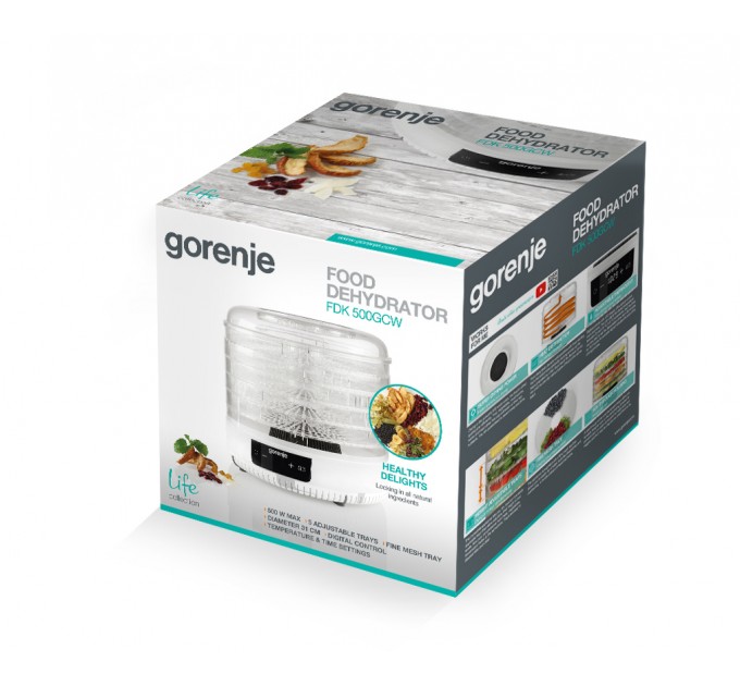 Сушка для продуктов Gorenje 380Вт, поддонов - 5x2.8см, диаметр - 31см, макс - 70°С, пластик, белый