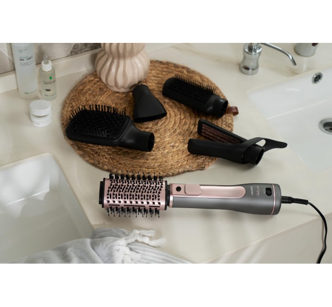 Фен-щітка ARDESTO Brush Pink Touch, 1200Вт, 2 швидкості, 2 темп. режими, LED-дисплей, функція іонізації , 4 насадки, сірий+ рожевий