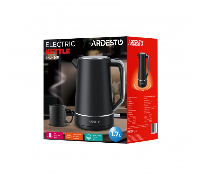 Електрочайник ARDESTO Timeless Elegance, 1.7л, Otter, пластик, чорний матовий
