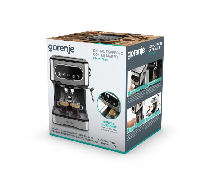 Кофеварка Gorenje рожковая 1.5л, молотый, ручной капучинатор, нерж