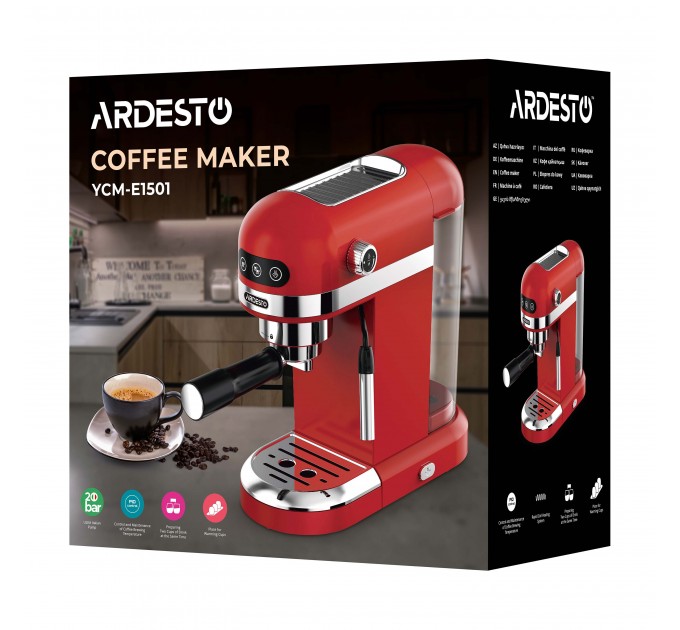 Кавоварка ARDESTO ріжкова 1.4л, мелена, ручний капучинатор, підігрів чашок, червоний