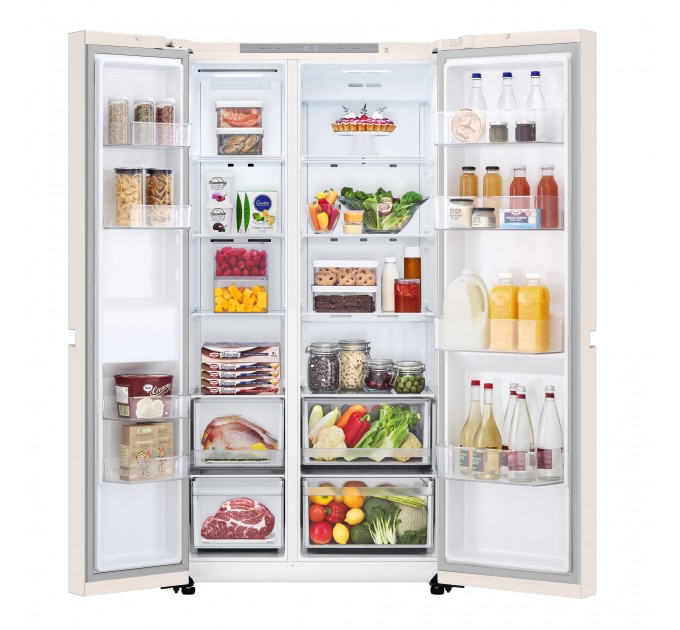 Холодильник LG SBS, 179x91х74, холод.отд.-423л, мороз.отд.-241л, 2дв., E, NF, инв., диспл внутр., бежевый