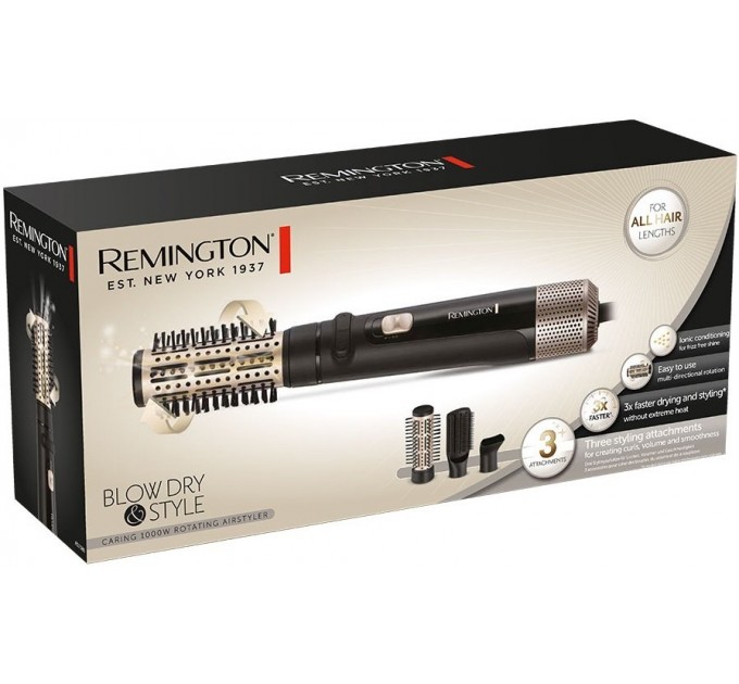 Фен-щетка Remington Blow Dry & Style Caring, 1000Вт, режимов-2, ионизиция, хол. обдув, керамика, черный