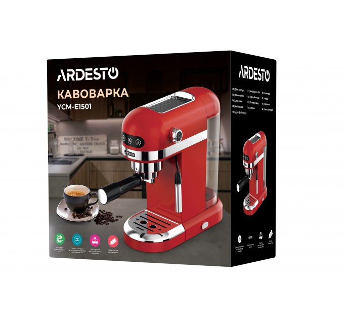 Кавоварка ARDESTO ріжкова 1.4л, мелена, ручний капучинатор, підігрів чашок, червоний
