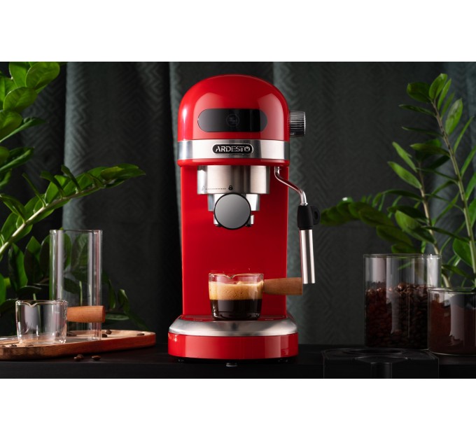 Кавоварка ARDESTO ріжкова 1.4л, мелена, ручний капучинатор, підігрів чашок, червоний