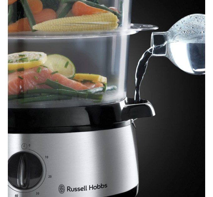 Пароварка Russell Hobbs Cook&Home 800Вт, чаша-3/3/3л, резервуар для воды -1л, механическое управл., 3 яруса, металл/пластик, черный